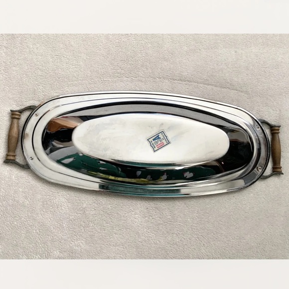 Vintage Kromex Oblong Serving Tray Platter MCM Chrome & Wood Handles USA - Picture 2 of 5
